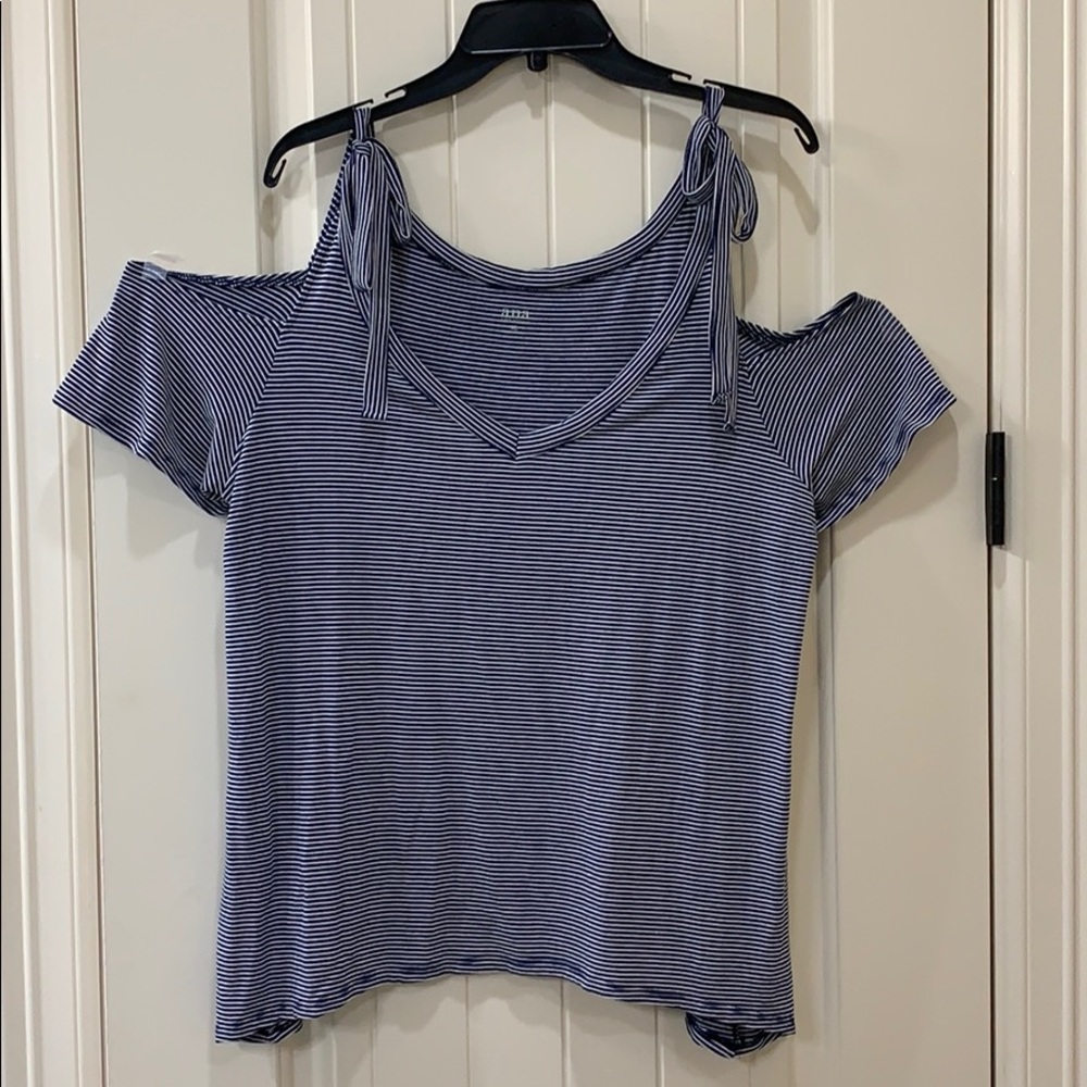 Very cute navy white striped cold shoulder top